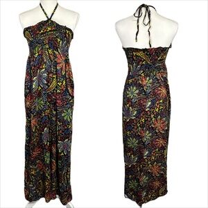 Fire Los Angeles Dark Floral Maxi Dress Sz‎ M Halter Smocked Pockets Boho Resort
